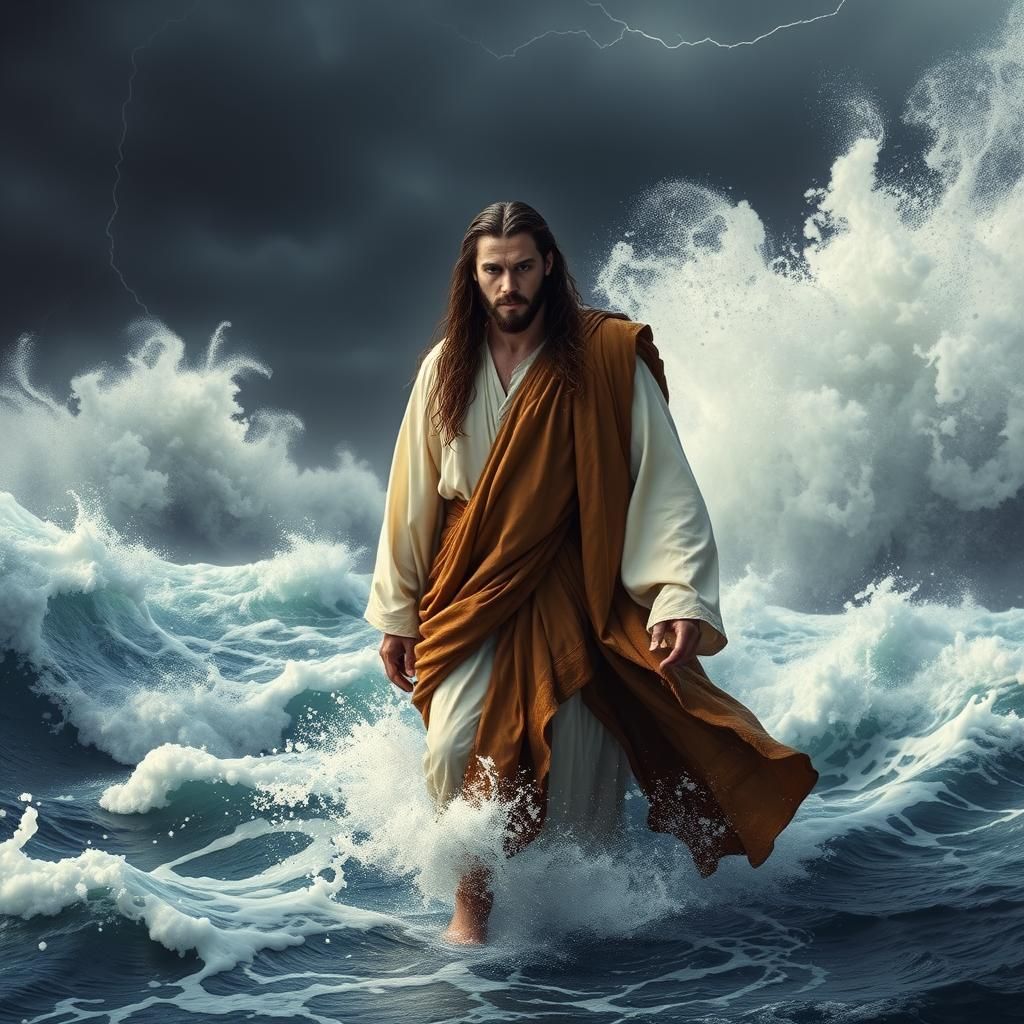 Biblical Figure Walks on Stormy Waters in Dramatic Surreal F...