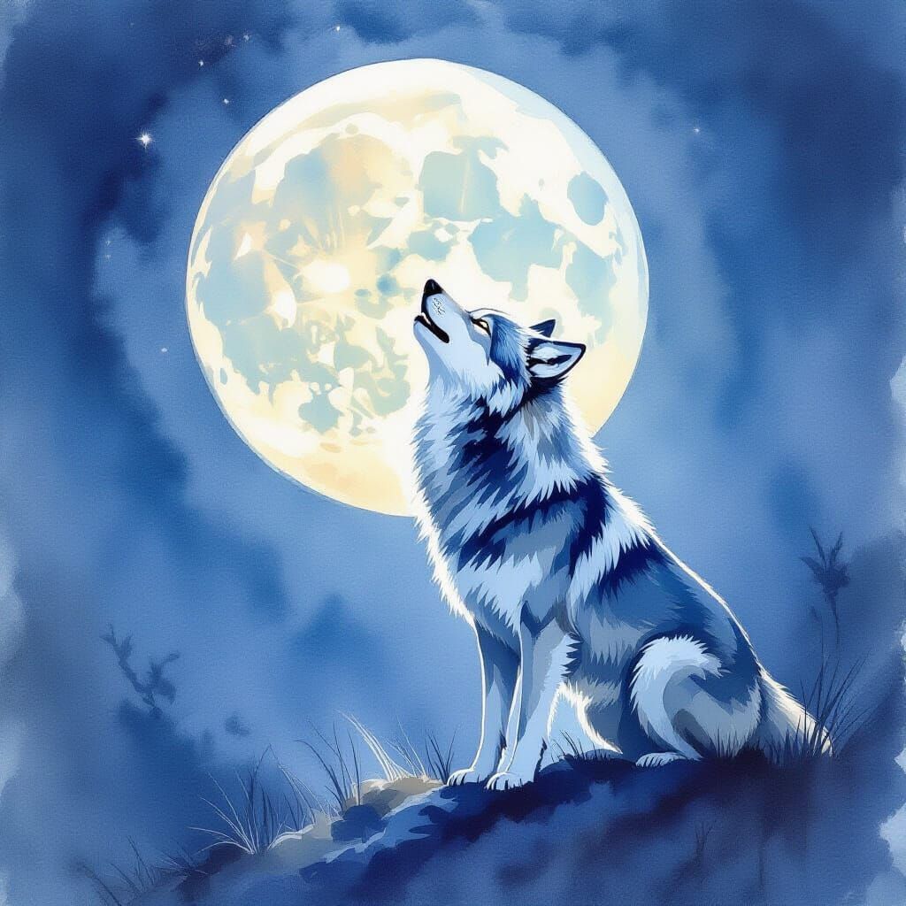 Silver Wolf Howling Under Moon in Watercolor Style