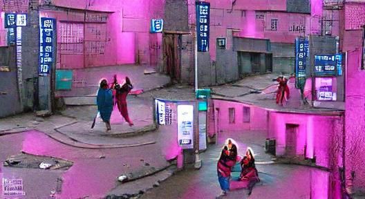 Cyberpunk City Dance: Women in Pink Hoodies