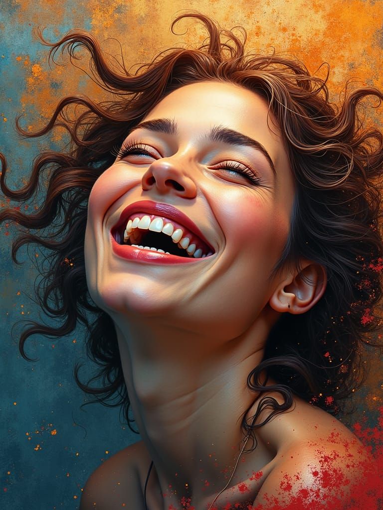 Laughing Woman Portrait in Mixed Media
