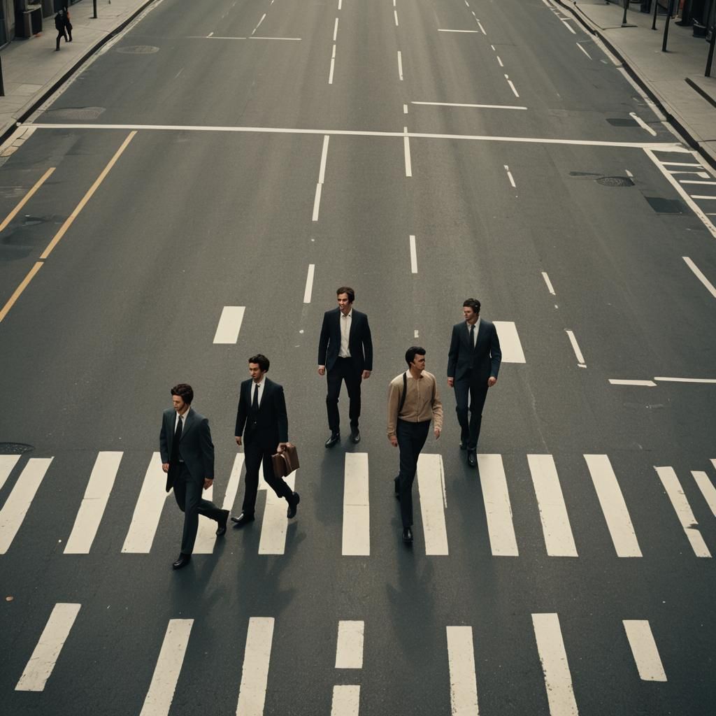 Four Men Crossing Street in Cinematic Style