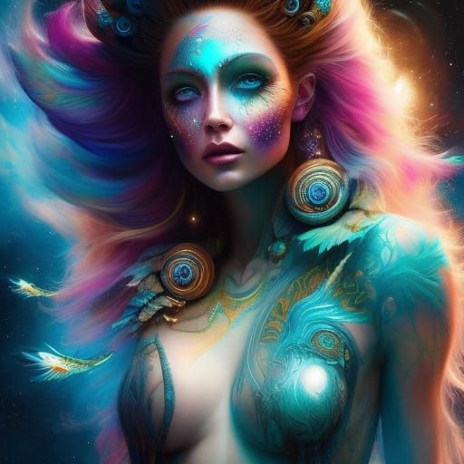 Bioluminescent Galaxy Woman with Wings, Fantasy Art