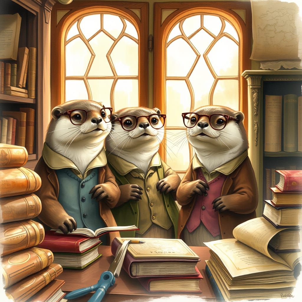 Anthropomorphic Otter Family Runs Book Shop in Watercolor St...