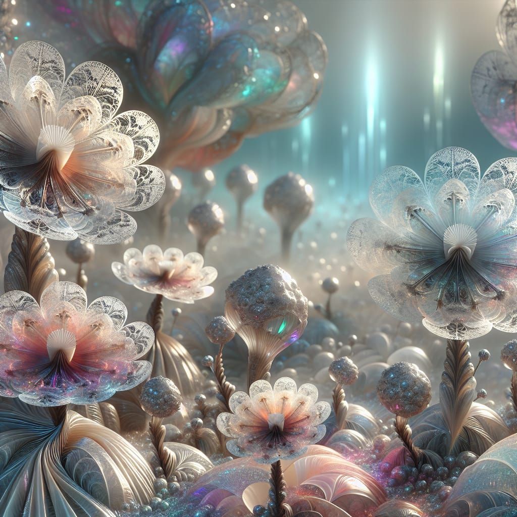 Alien landscape of iridescent crystal, silicon-life, flowers, with delicate, lace-like petals that shimmer and refract l...