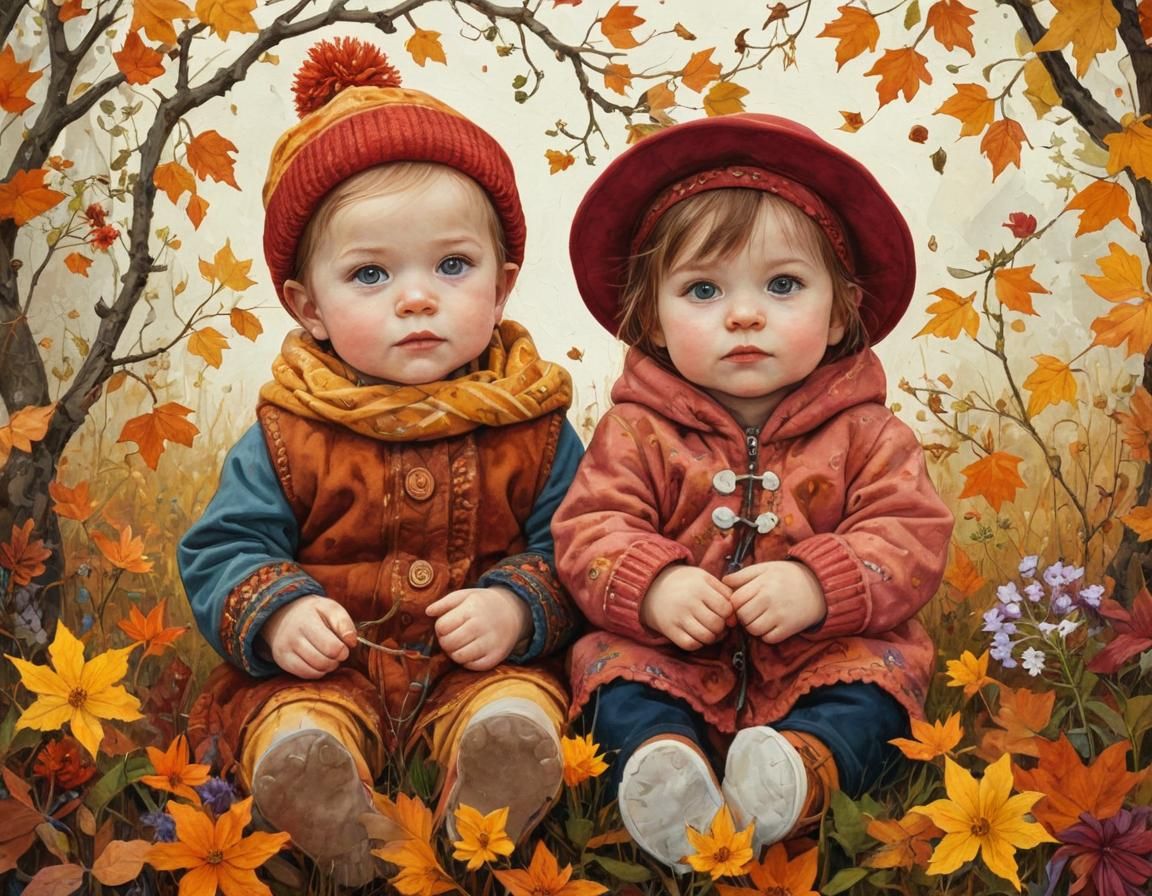 Toddler Siblings with Autumn Wildflowers: Art Brut Illustrat...