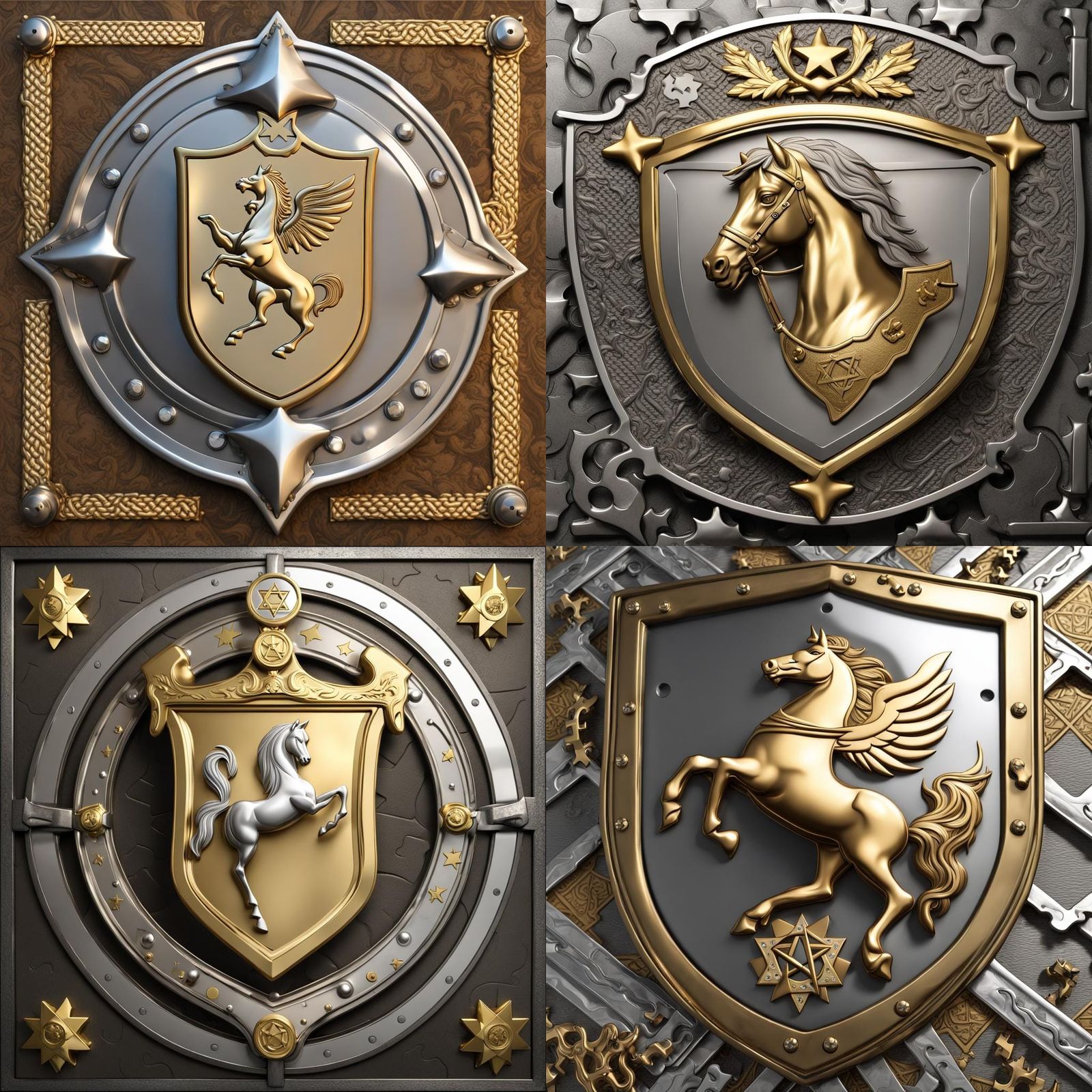 Golden Family Crest with Rampant Horse, 3D Render