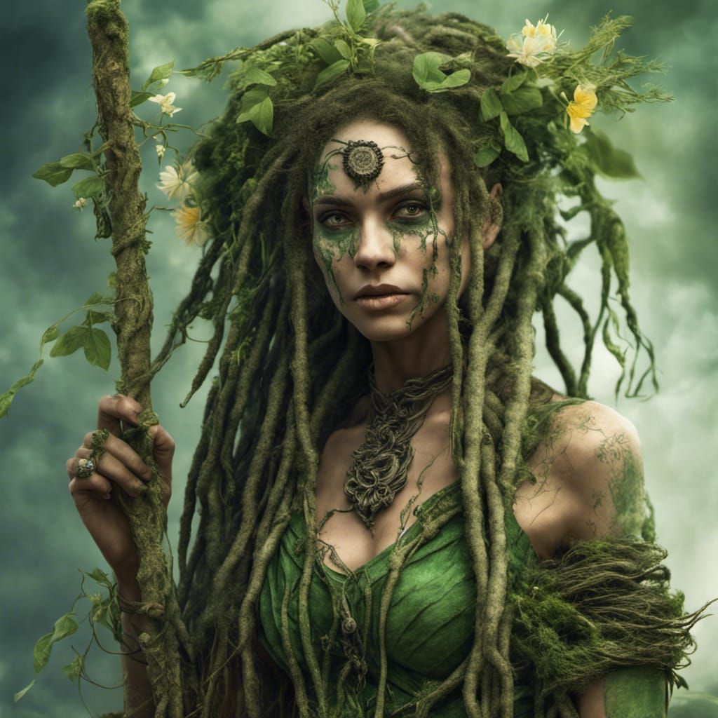 Green-Skinned Swamp Druid with Root Staff