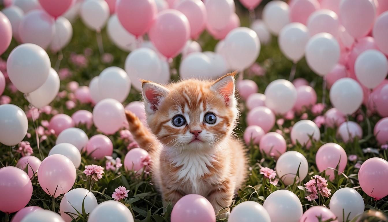 Cute Pink Kitten in Balloon Field, Chibi Style