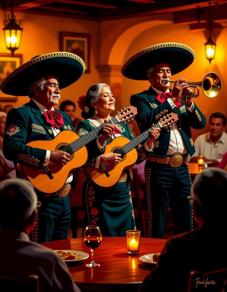 Elderly Mariachi Trio Performs with Soulful Passion in Dimly...