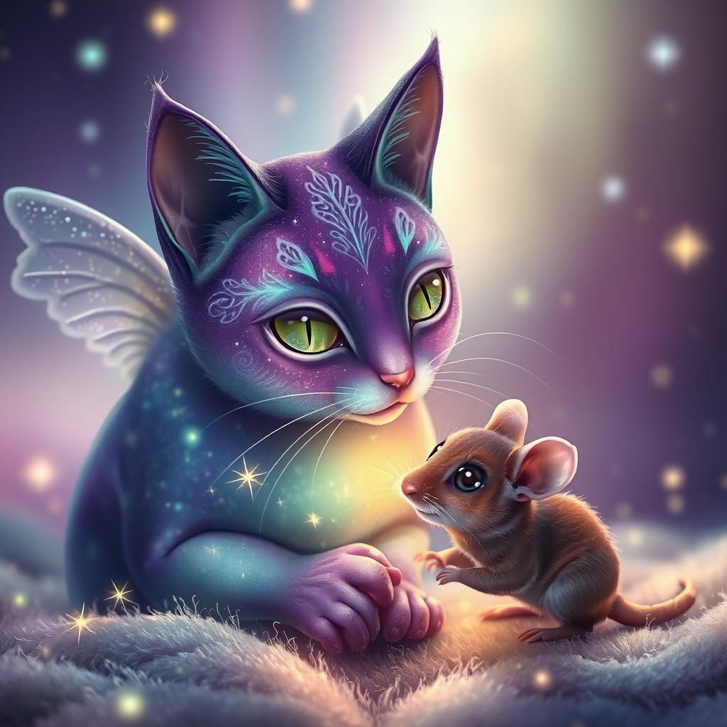 Cosmic Cat and Mouse in Dreamlike Psychedelic Scene