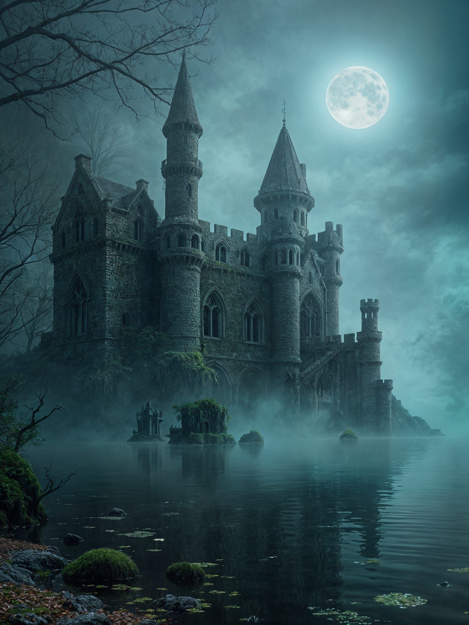 Mystical Castle Half-Submerged in Spectral Lake at Night