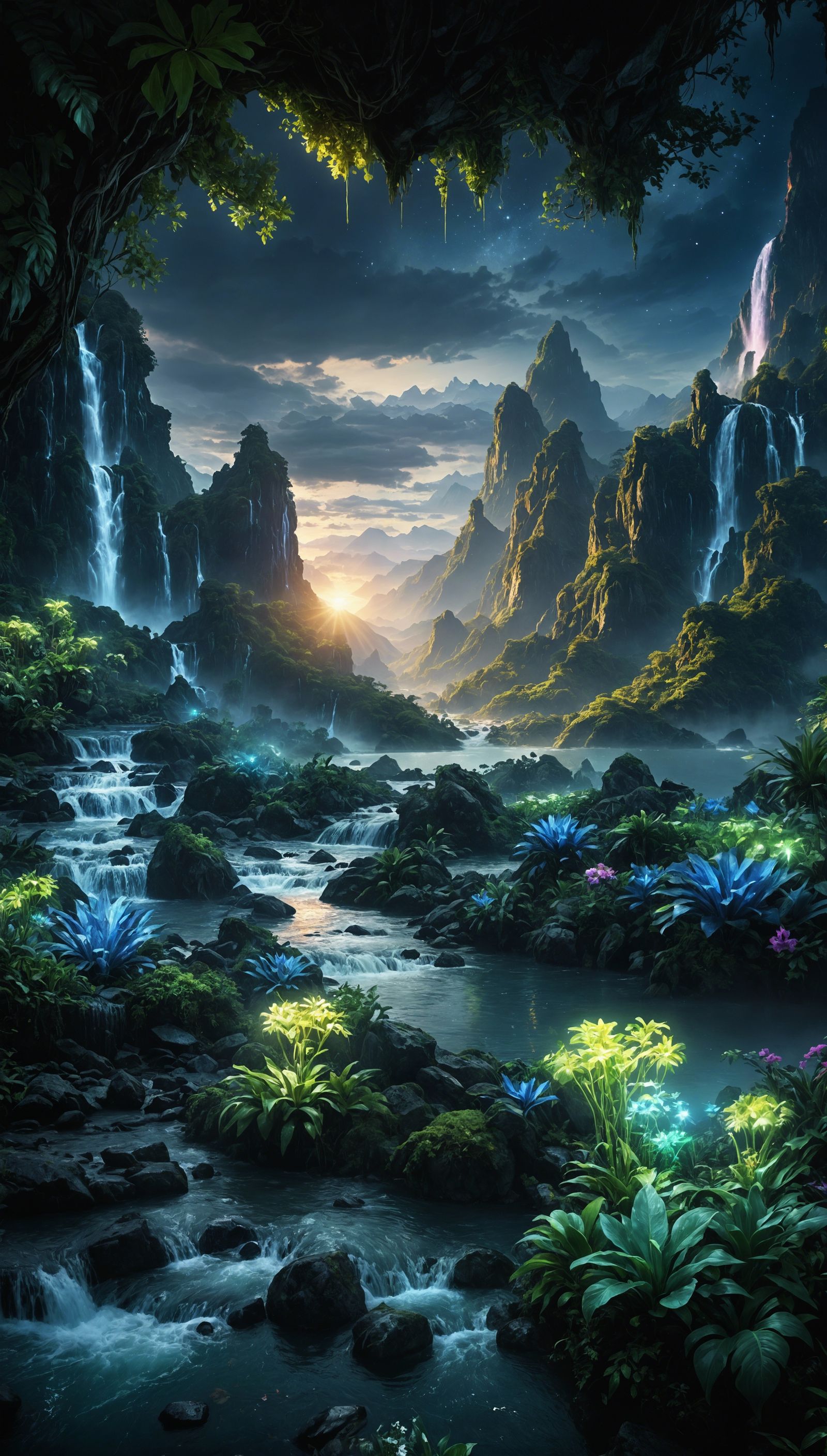 Bioluminescent Flora Illuminates Alien Planet Landscape