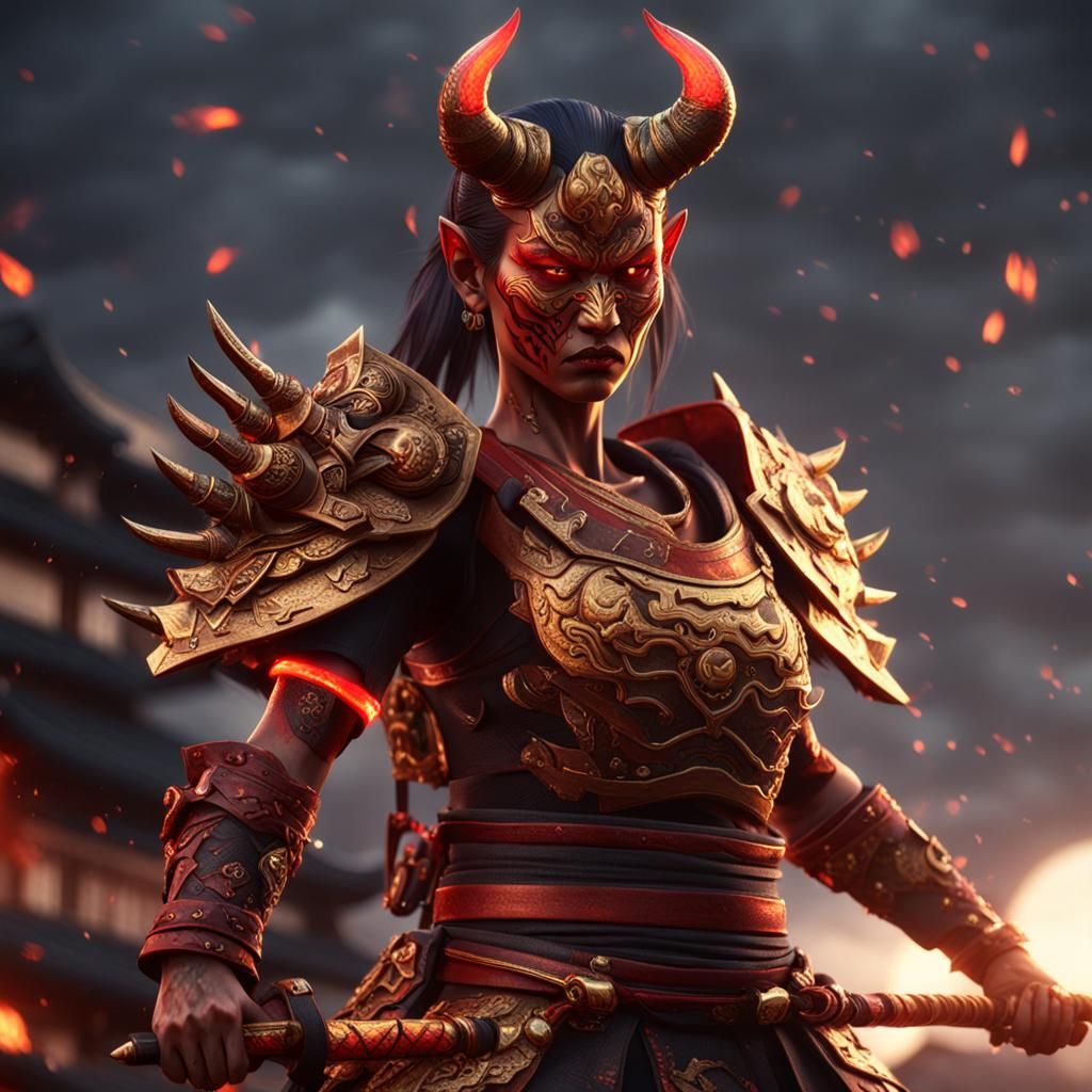 Battle-Damaged Oni Samurai with Tattoos in Golden Hour