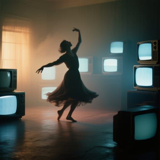 Figure Dancing in Dim TV Glow, Cinematic Film Still