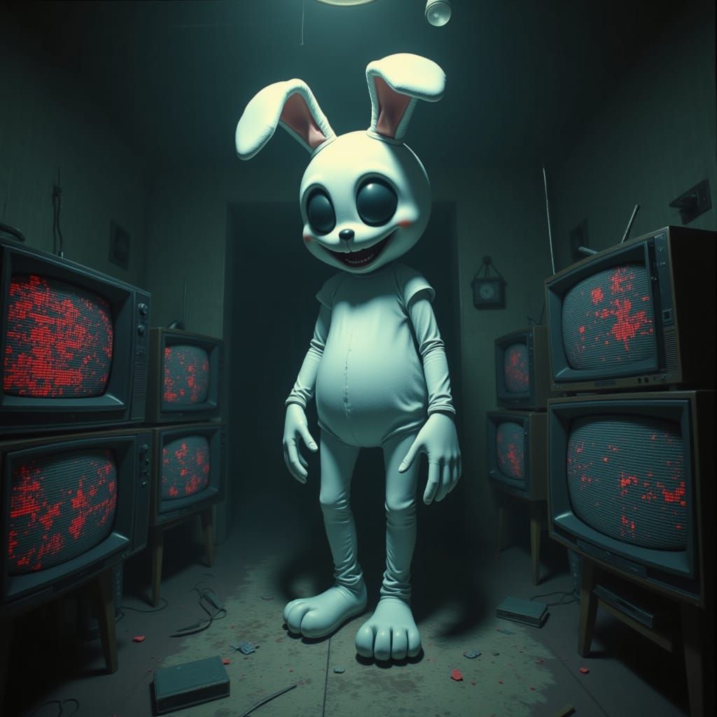 Terrifying White Bunny With Creepy Smile and Glitching TVs