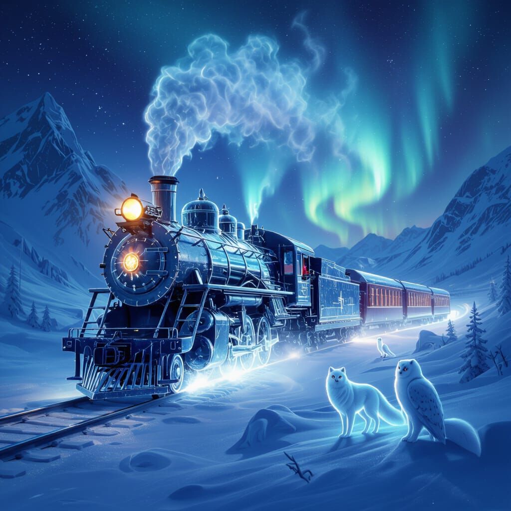 Glowing Ice Train Speeds Through Snowy Valley with Mythical ...