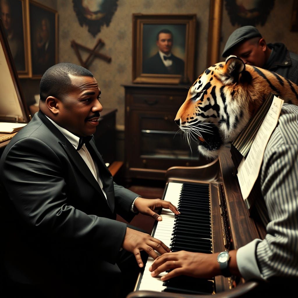 Mike Tyson playing piano next to his Tiger. Comedic, the han...