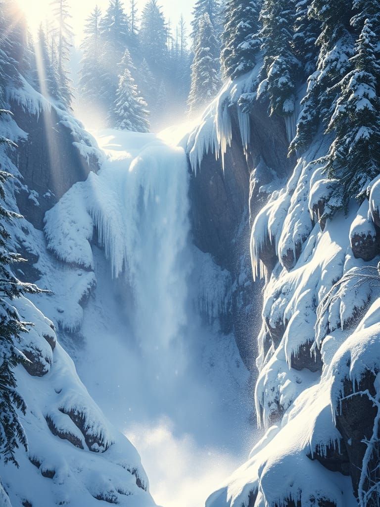 Snowy Waterfall in Romantic, Expressionist Style
