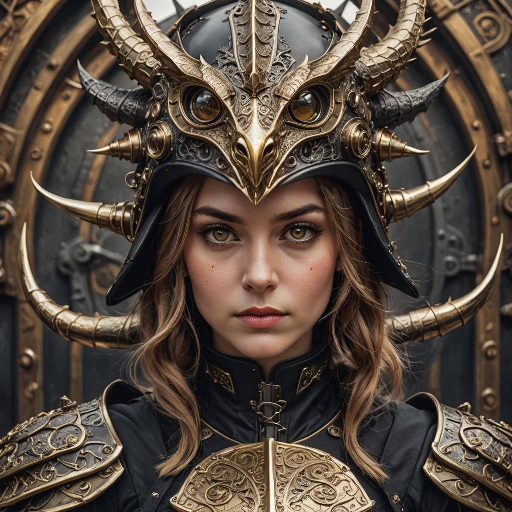 Steampunk Armored Woman in Dragon Helmet