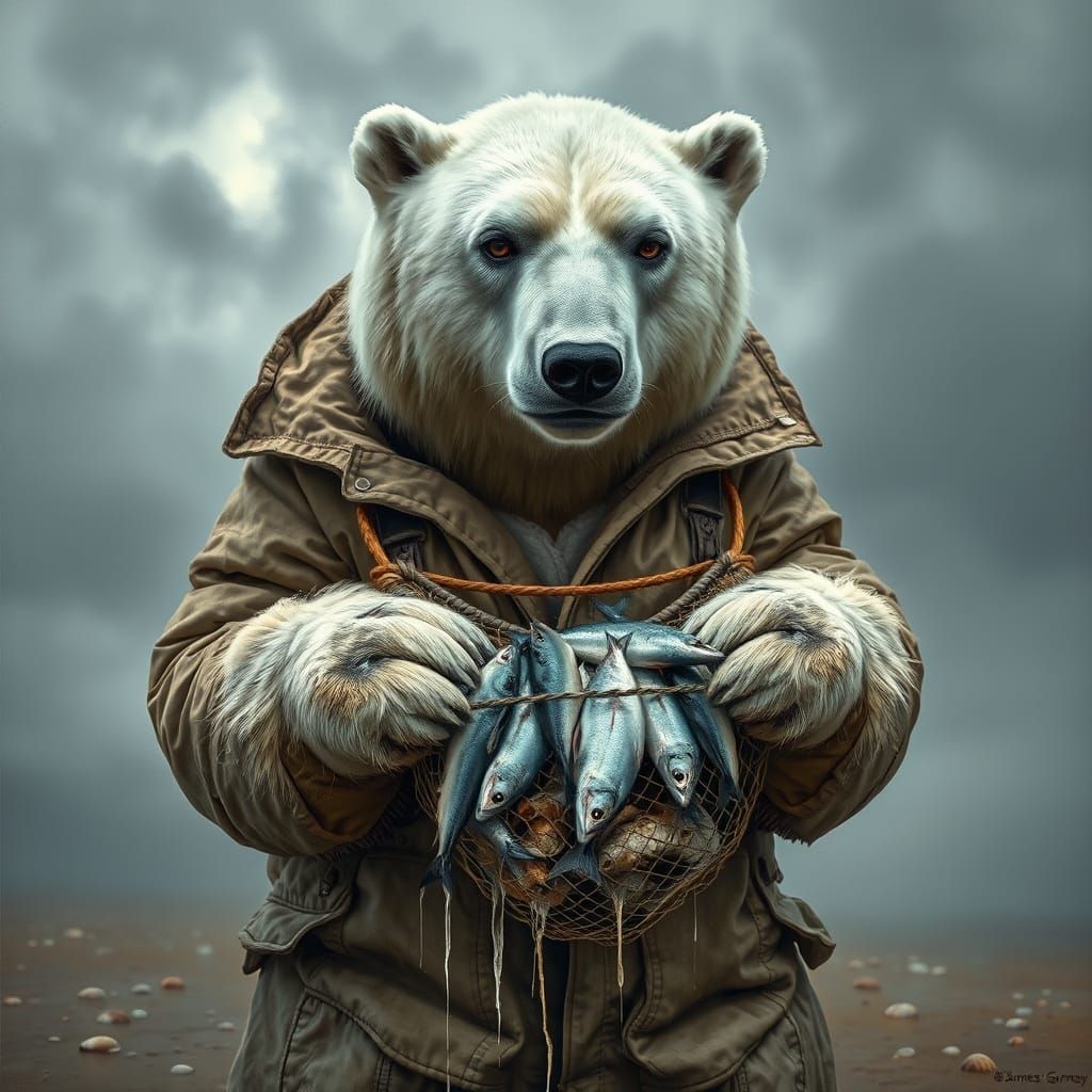 Friendly Polar Bear Fisherman in Oil Painting Style