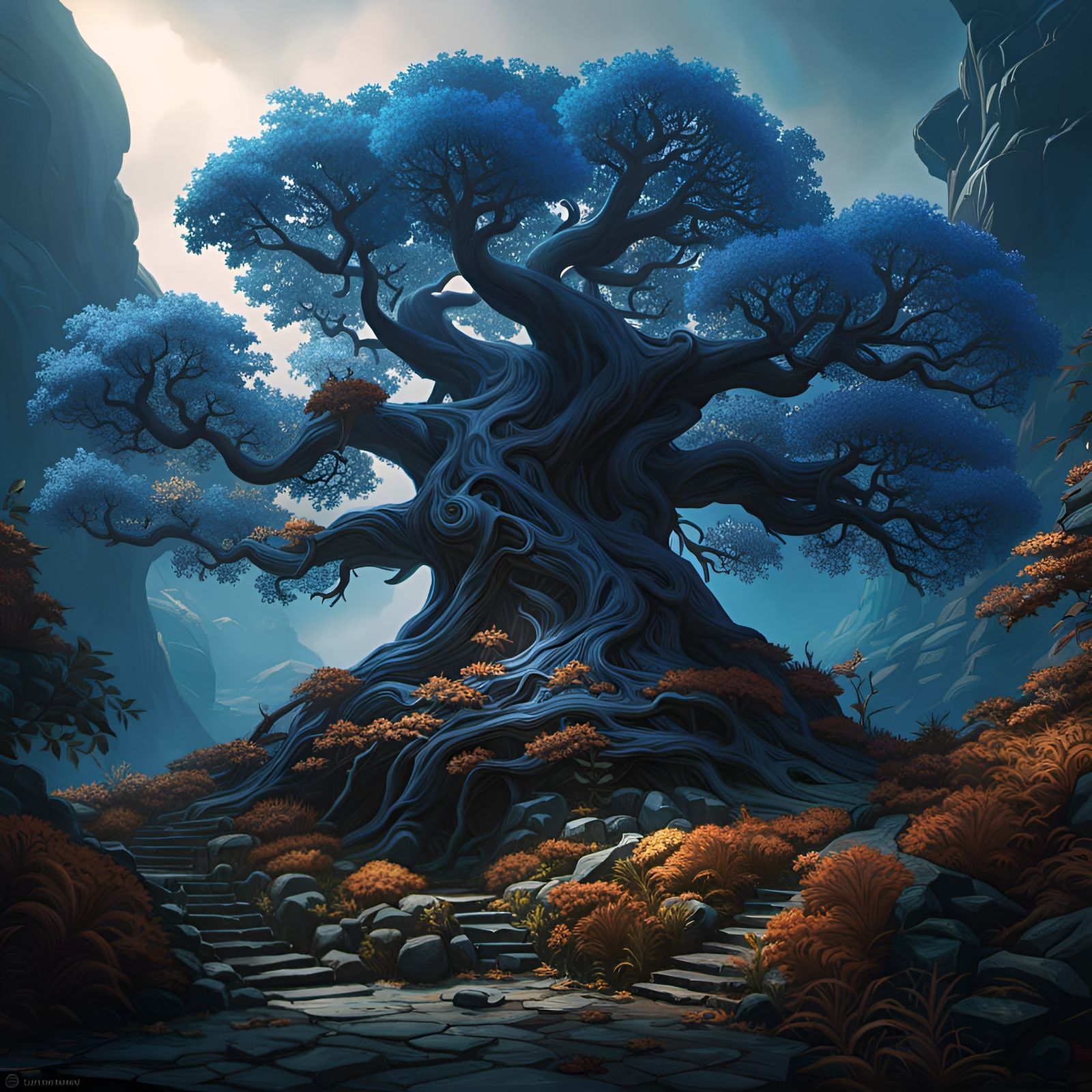 Magnificent Ancient Blue Tree in Dark Fantasy Style
