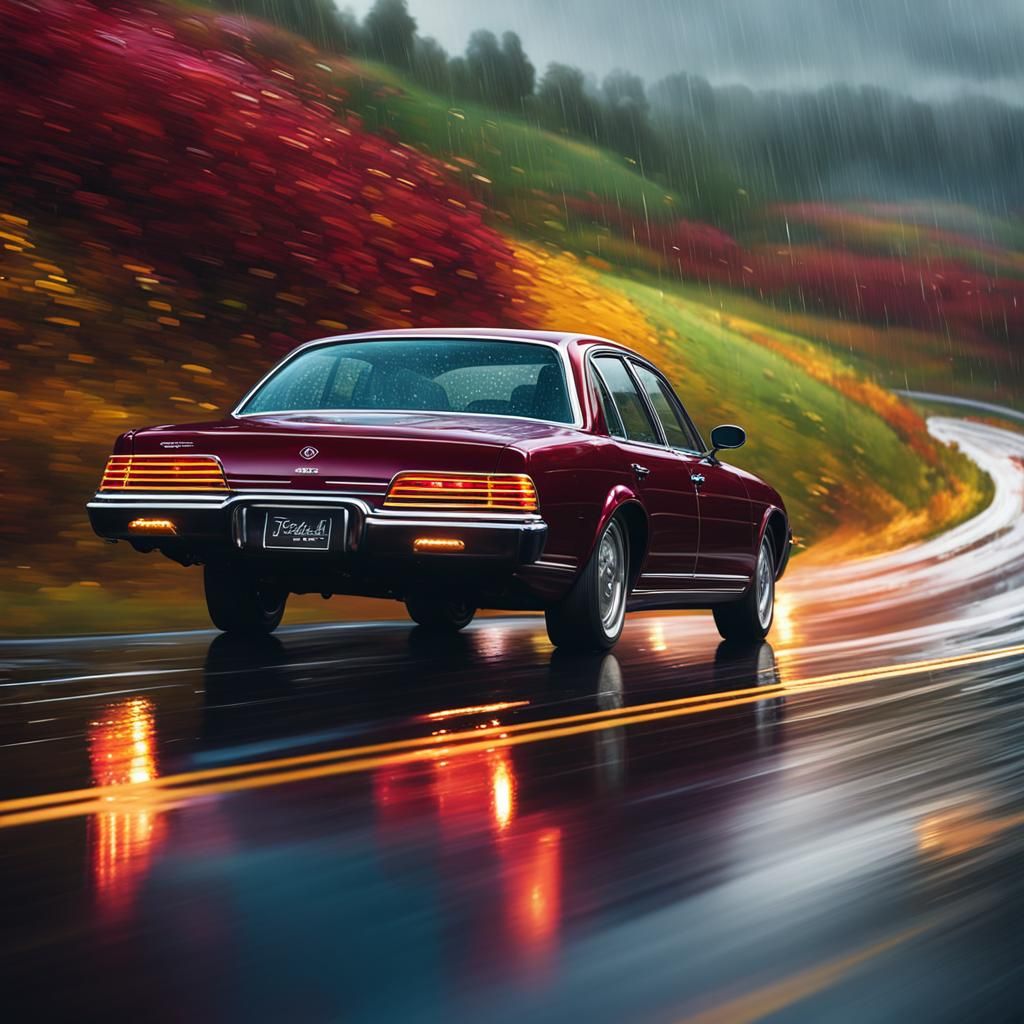 Maroon Sedan on Rainy Road: Hyper-Realistic Digital Art