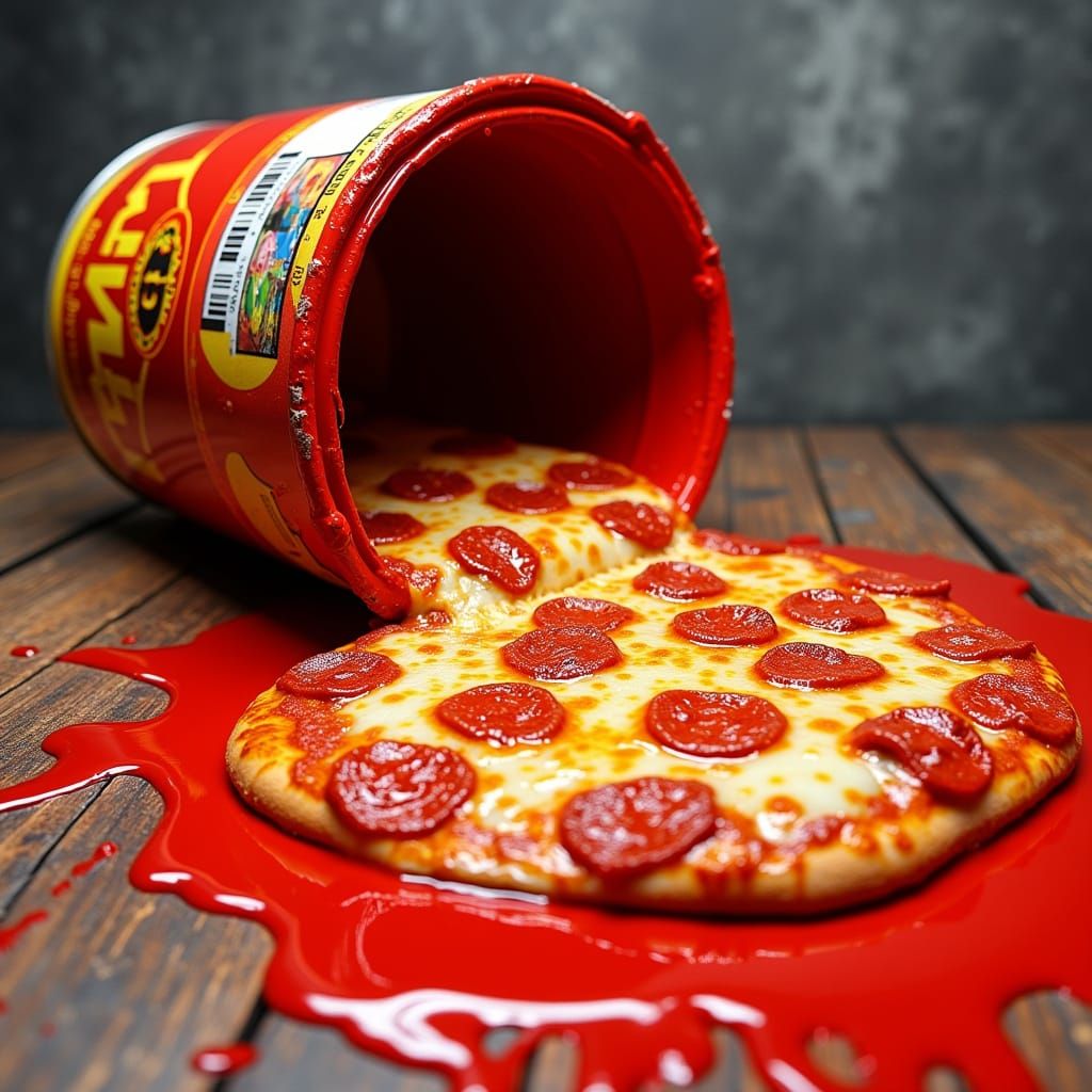 Surreal Pizza Waterfall from Spilled Paint Can