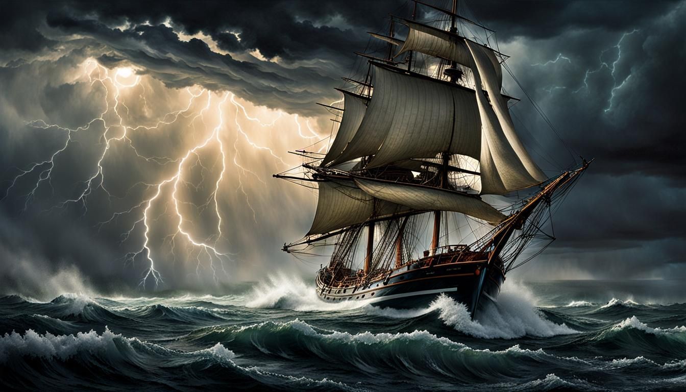 Sinister Sailing Ship Navigates Stormy Seas