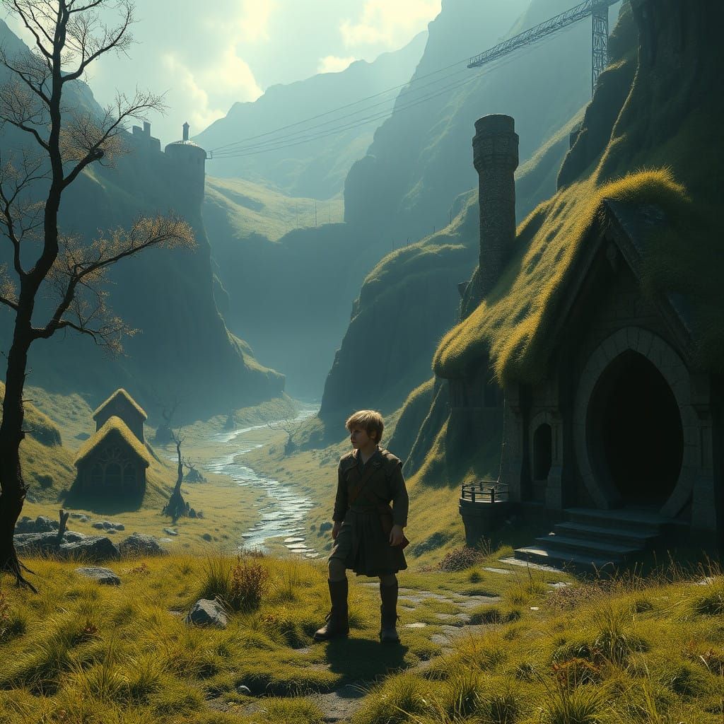 Fantasy Hobbit in Lush Shire Landscape
