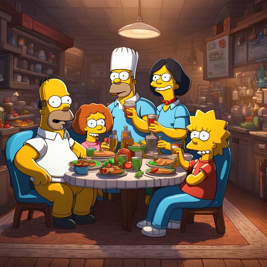 Characters from The Simpsons and the Family Guy having dinner together with the characters from Bob's burgers