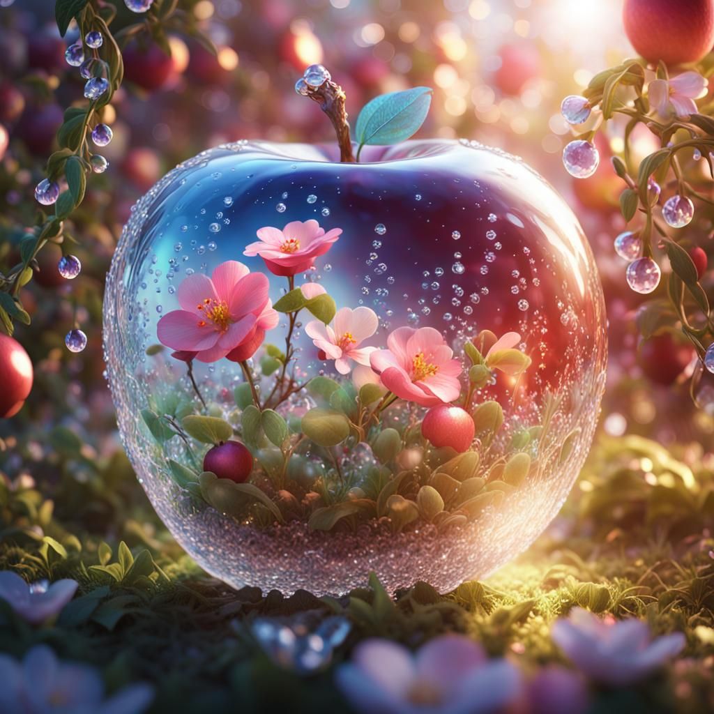 Spring Flowers Bloom Inside Crystal Apple: Digital Art
