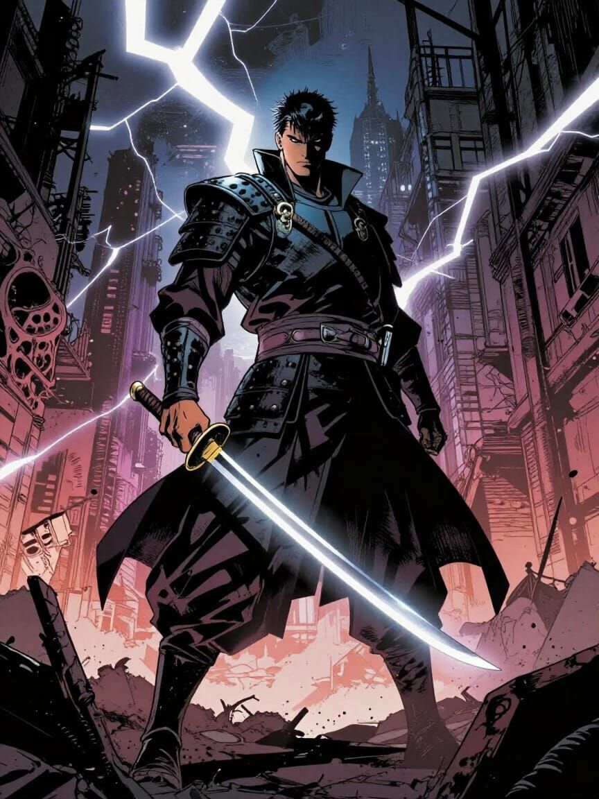 Samurai Warrior in Bio-Organic Wreckage Under Lightning