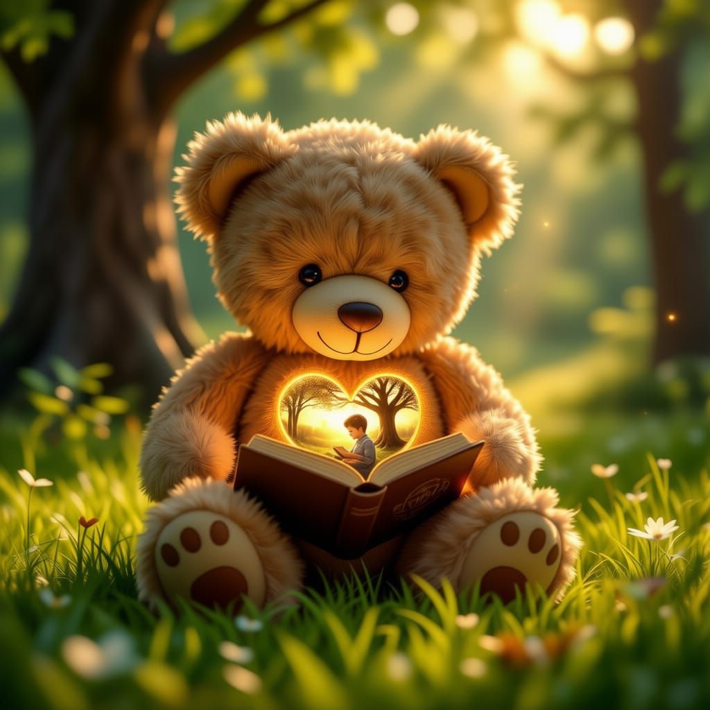 Dreamy Forest Teddy Bear with Magical Heart Scene