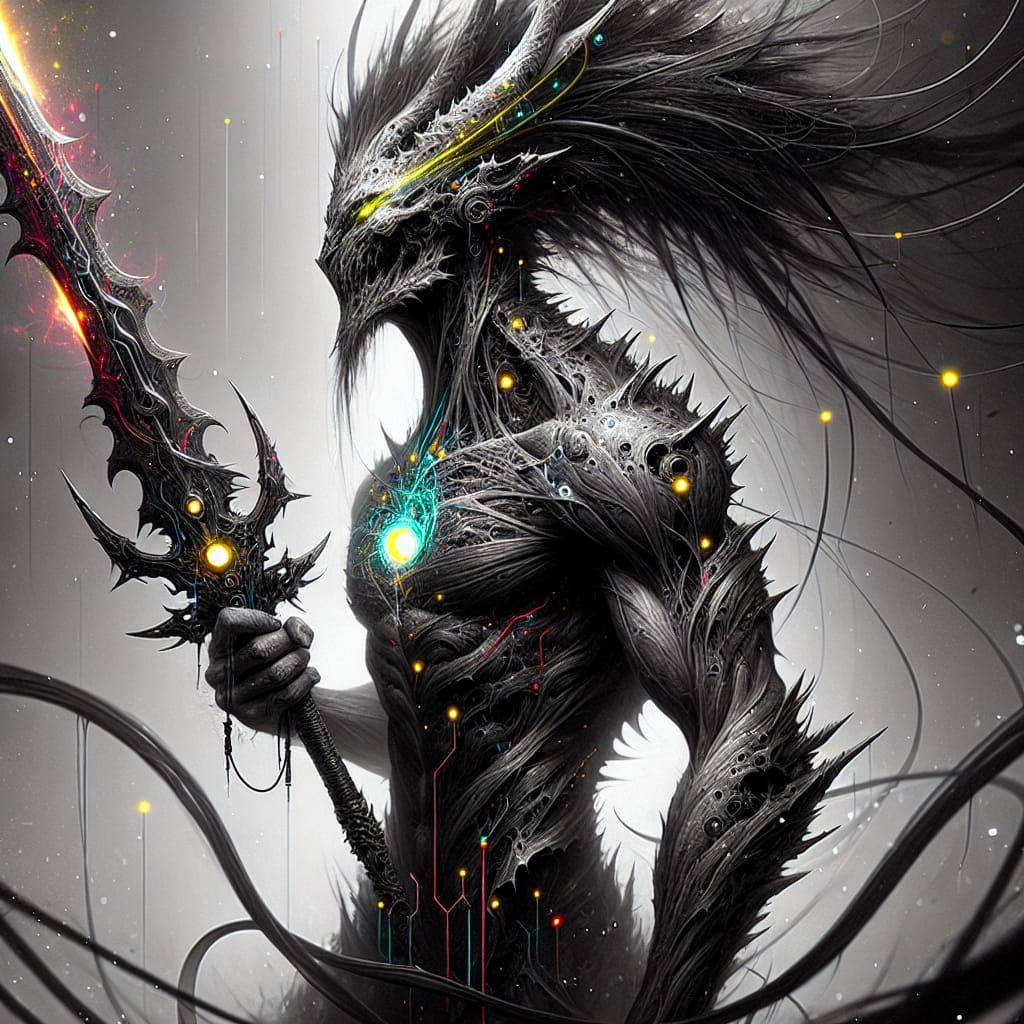 Monochrome Cyberpunk Shinigami in Ethereal Void