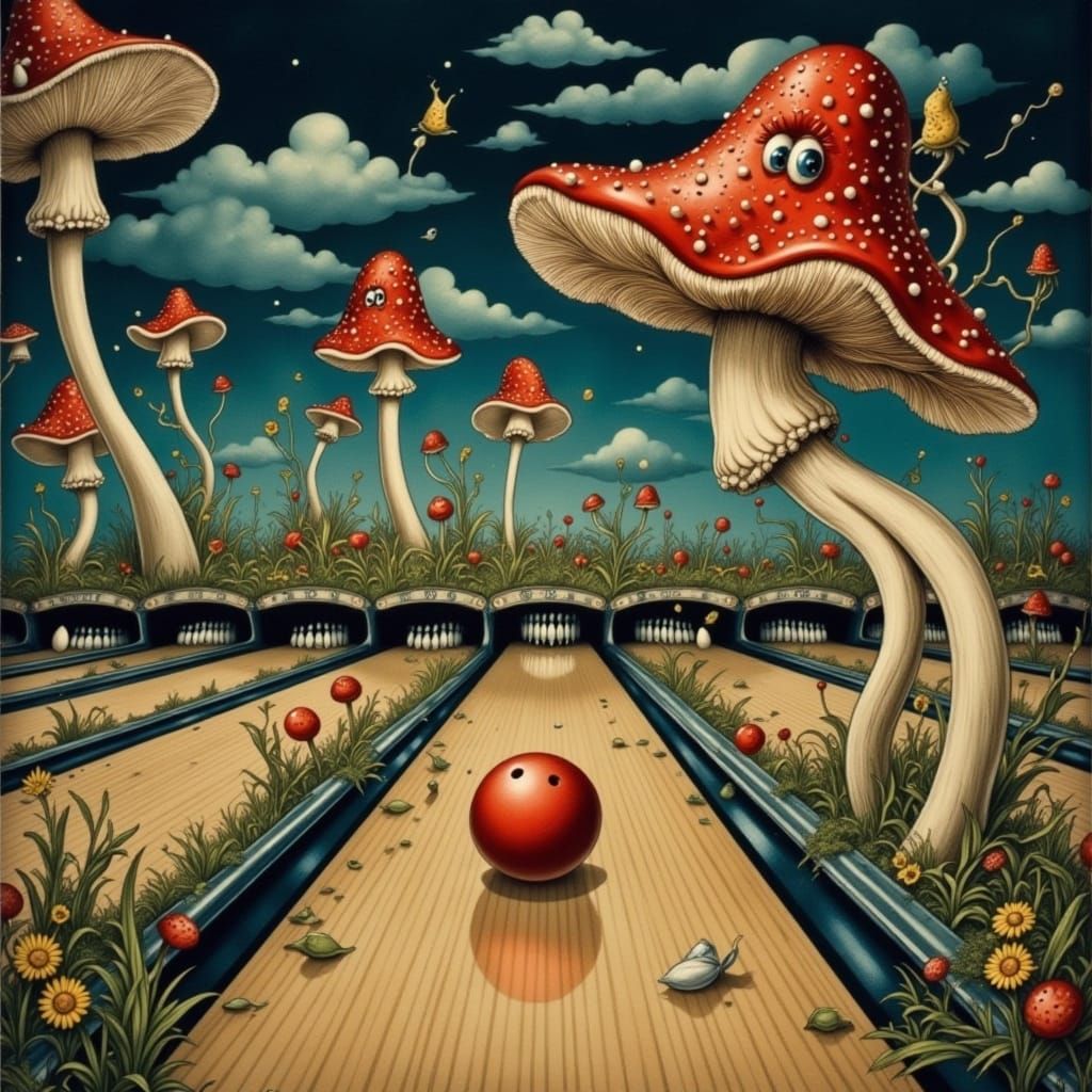 Surrealistic Cityscape with a Bowl and a Bowling Ball in a N...