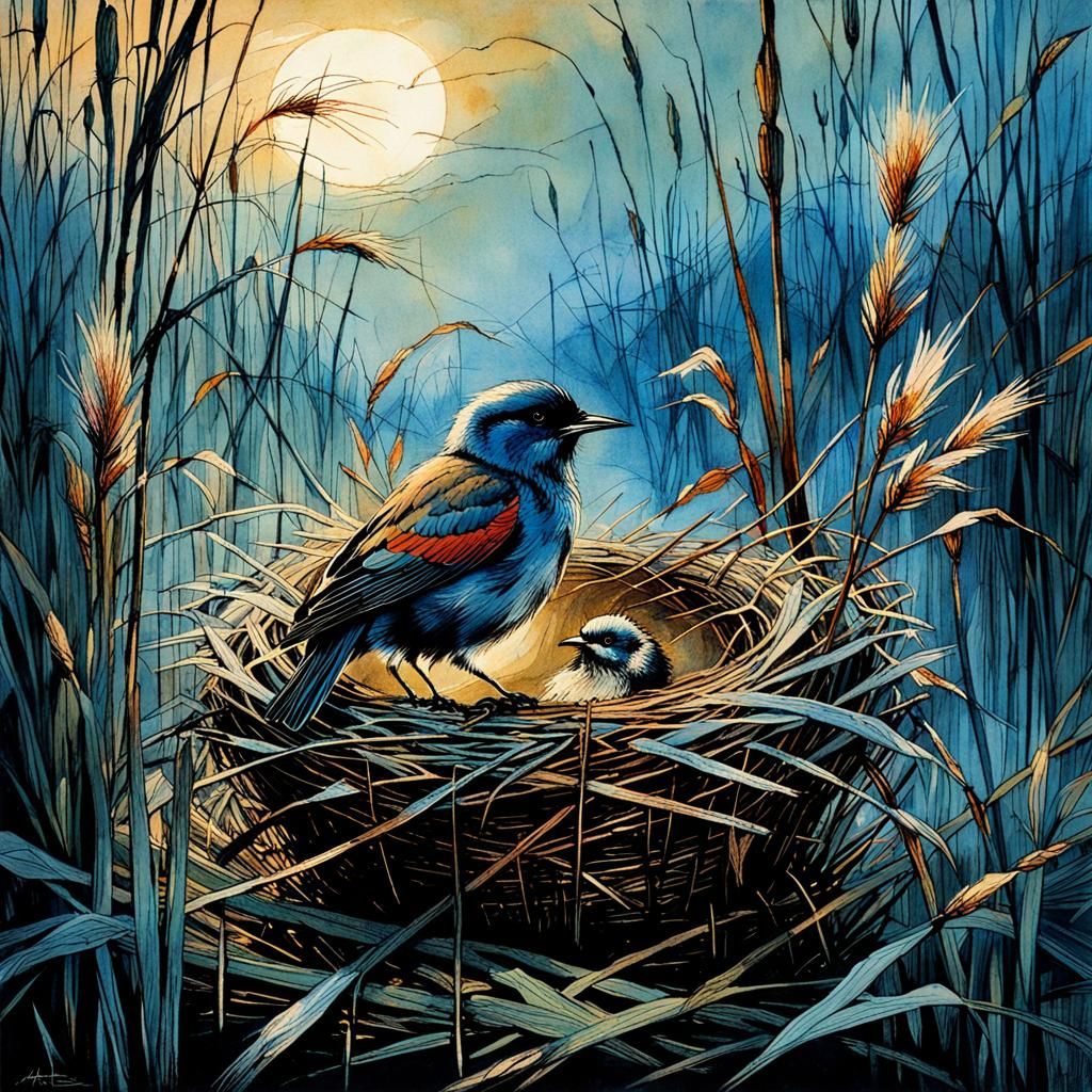 Bird on Nest in Reeds: Detailed Art