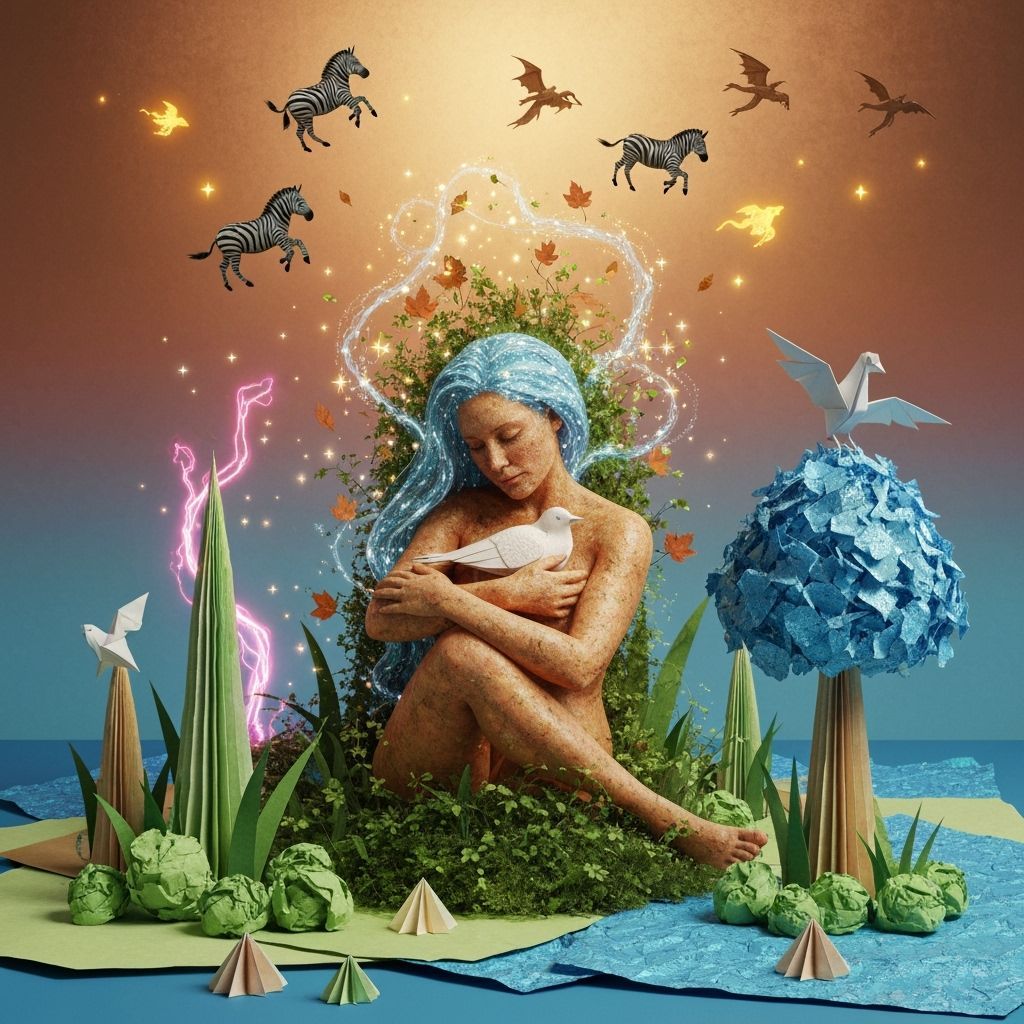 Ethereal Woman in Paper World Oasis