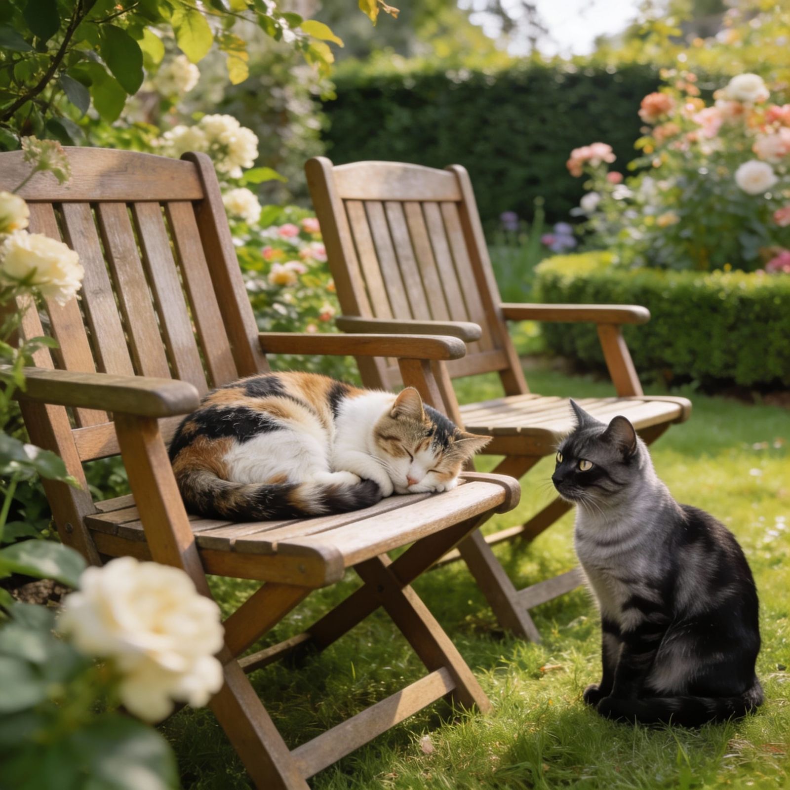 Cats Relaxing in a Beautiful Garden Setting