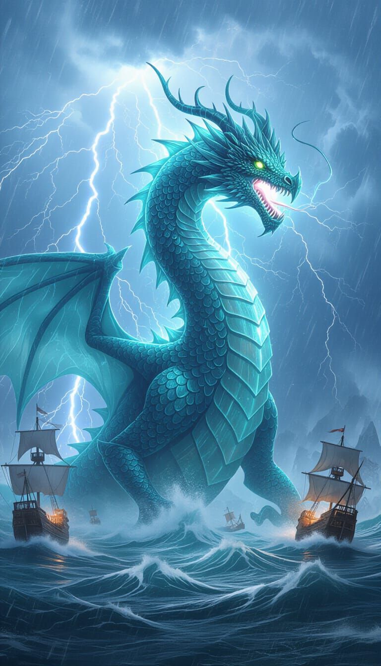 Crystal Sea Dragon Emerges from Stormy Waters