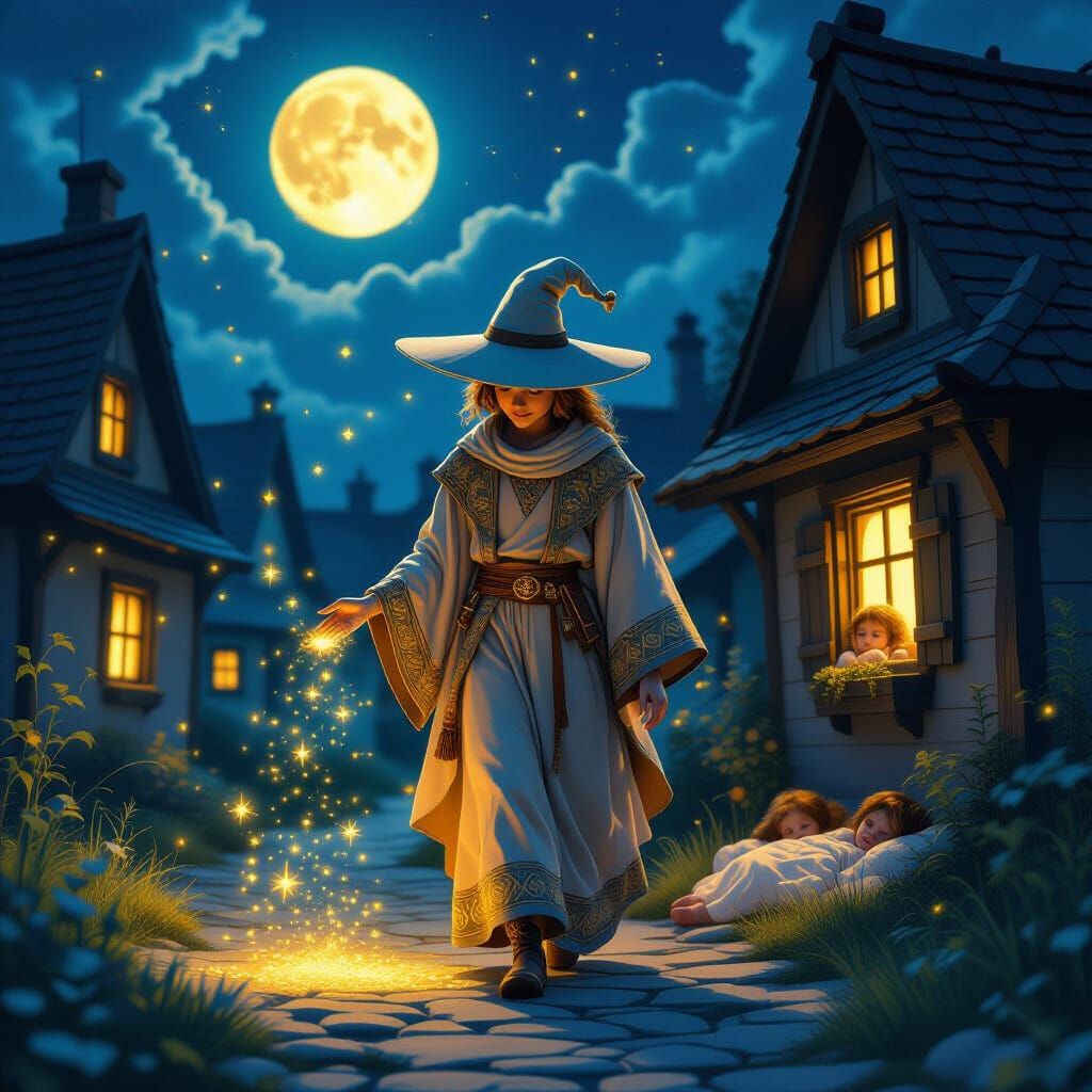 Gentle Sandman Spreads Dream-Sand, Fantasy Art Style