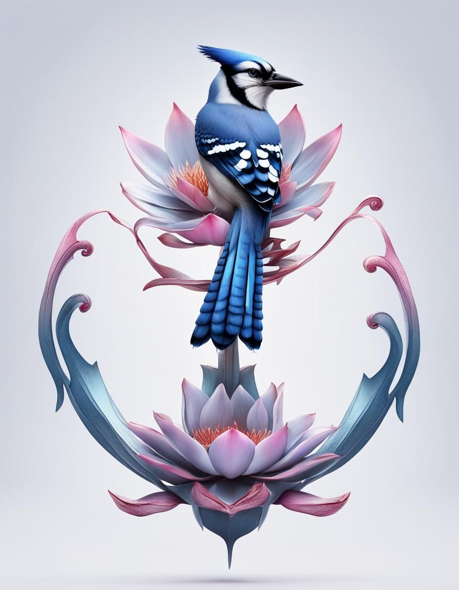 Blue Jay Emerges from Lotus Anchor in Surreal Fantasy