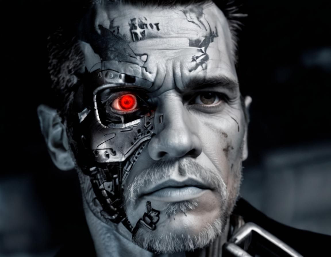 Cyborg Man at Statue of Liberty in Winter