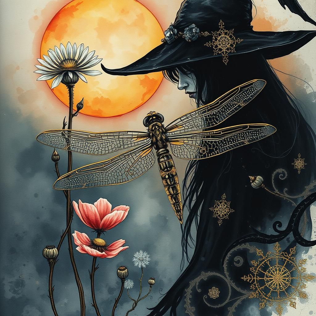 Shadowy Witch in Dark Fantasy Alcohol Ink Style