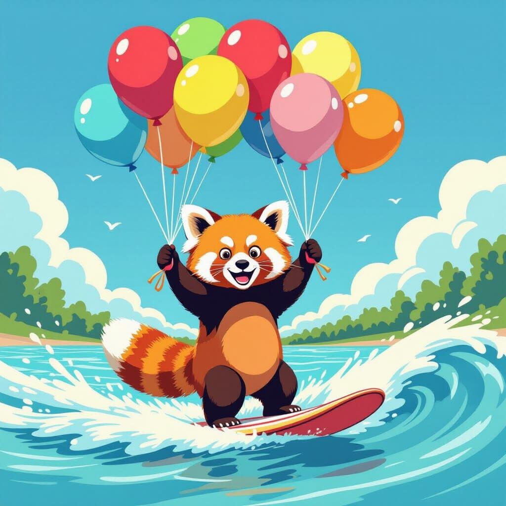 Red Panda Water Skiing with Balloons in Cheerful Illustratio...