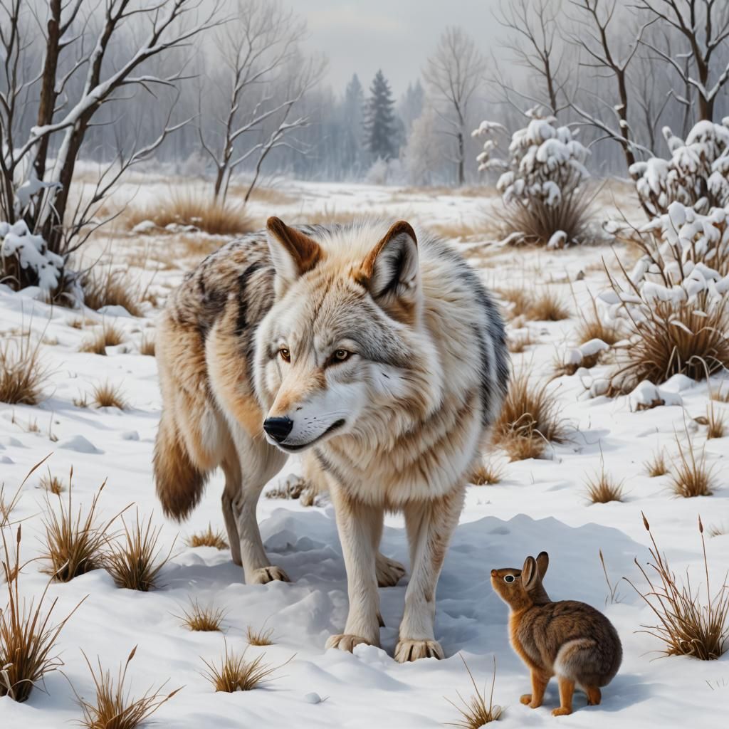 White Wolf and Rabbit Encounter in Snow