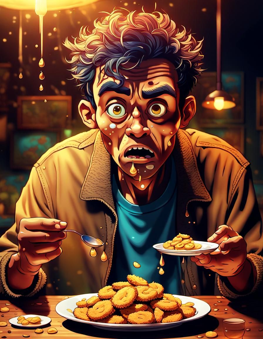 Disgusted Person with Soggy Fried Food: Digital Art
