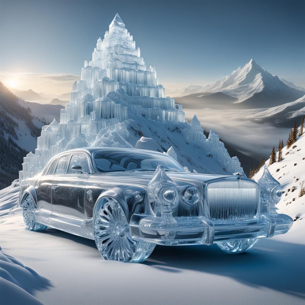 A sparkling ice car mountain with intricate ice sculptures.,