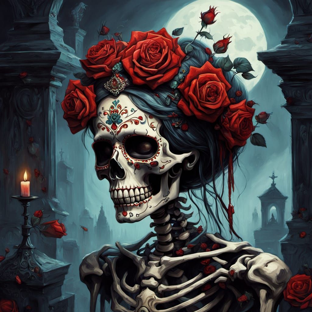 Skeleton with Day of the Dead Makeup and Rose Crown