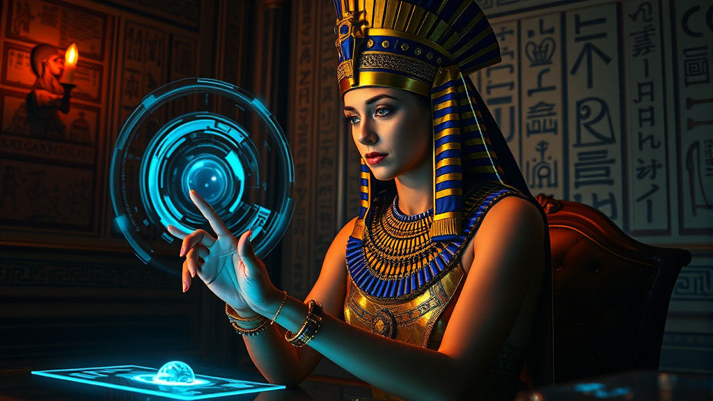 Cleopatra Navigates Holographic Interface in Futuristic Egyp...