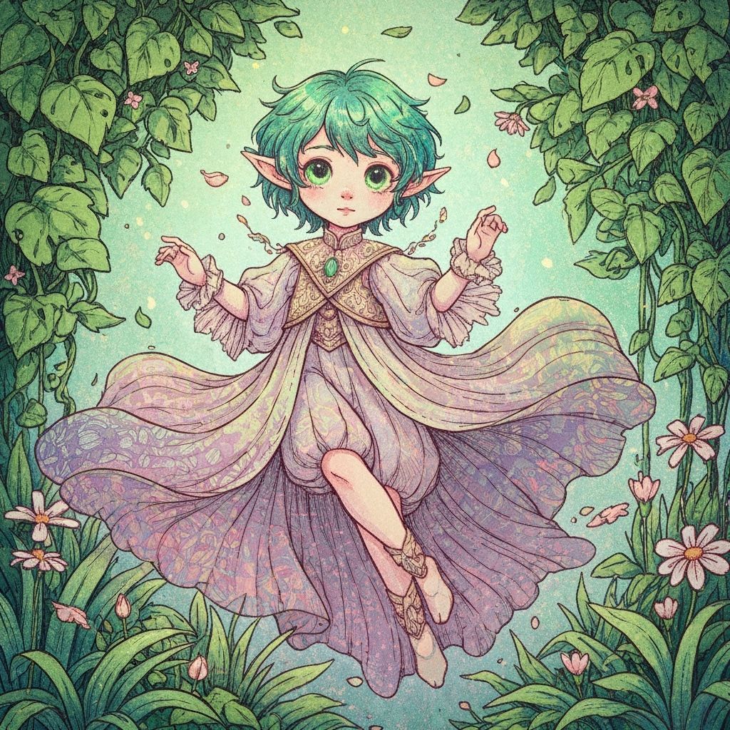 Ethereal Storybook Character in Lush Greenery